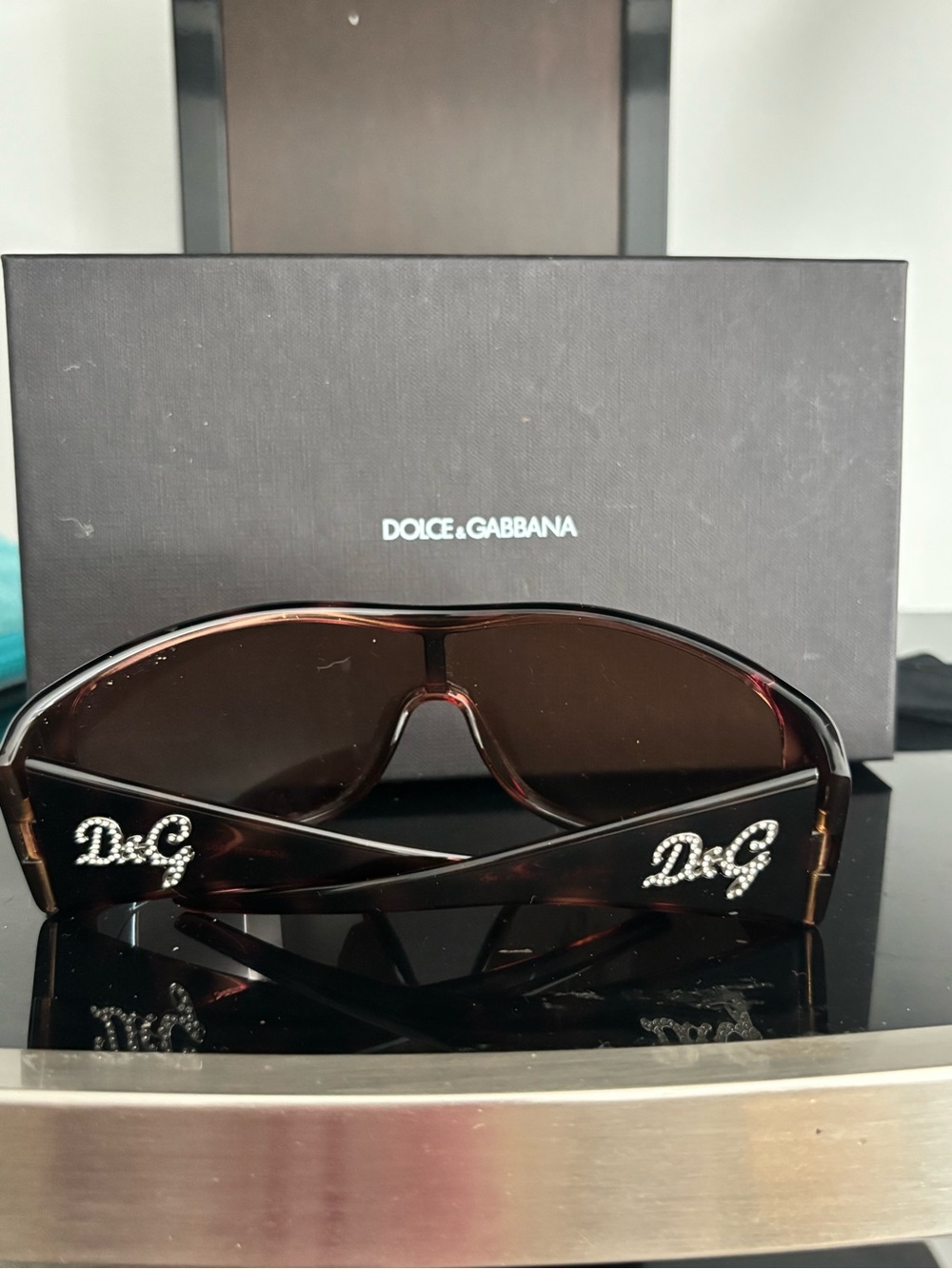 Dolce & Gabbana Brown /Leopard Shield Sunglasses with D&G Crystal Logo